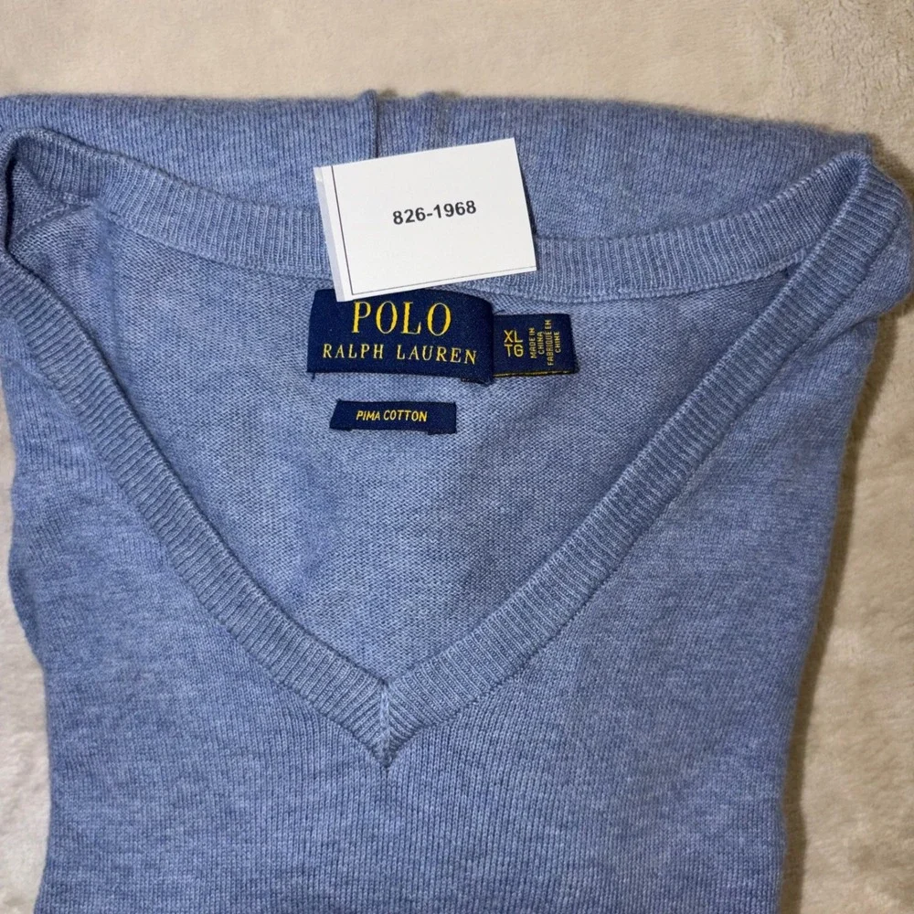 Polo Ralph Lauren Mens XL Pima Cotton V-Neck Sweater Blue Heather Knit Pony Logo